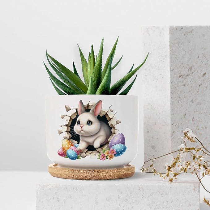 Cute Easter Bunny Break Through Eggs Ceramic Pots for Plants with Drainage Holes Round Flower Pot Bamboo Tray Orchid Pot Succulents Pots for Outdoor Indoor Plants