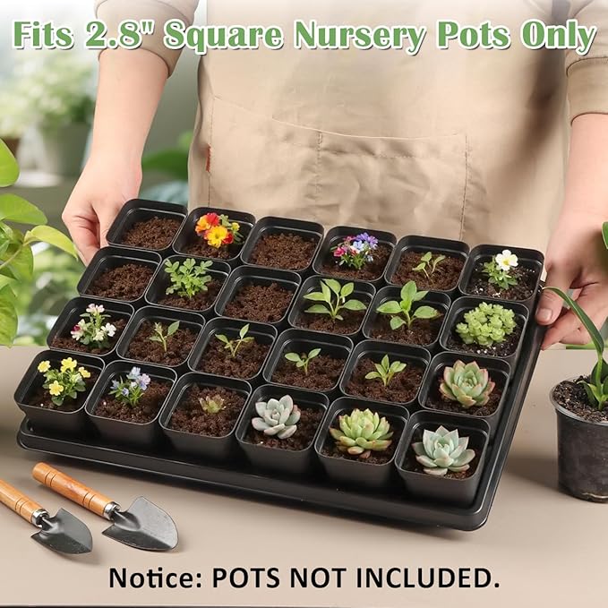 24 Cell Nursery Pots Trays 10 Pack (17"x11"x1.6"), Reusable Plastic Plant Pot Tray with Drain Holes, Carrying Seed Starter Tray for Holding 3 inch Square Nursery Pots (Black)