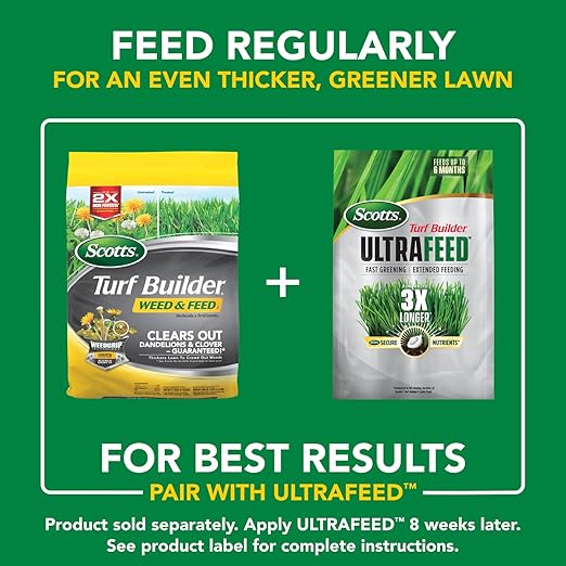 Scotts Turf Builder Weed and Feed3 - Weed Killer Plus Lawn Fertilizer, Controls Dandelion and Clover, Grass Fertilizer For Up To 5,000 sq. ft., 14.29 lbs.
