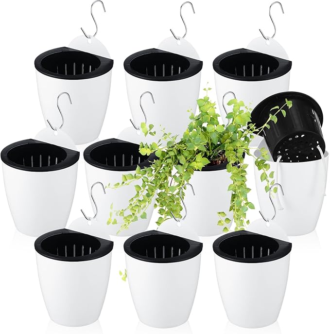 Yungyan 10 Sets 5" Self Watering Hanging Planter White Lazy Flower Pots Plastic Wall Propagation Window Wall Mount Planter with Hooks and Absorbent Cotton Ropes for Indoor Succulent Plants