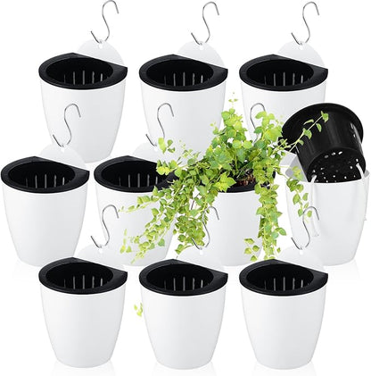 Yungyan 10 Sets 5" Self Watering Hanging Planter White Lazy Flower Pots Plastic Wall Propagation Window Wall Mount Planter with Hooks and Absorbent Cotton Ropes for Indoor Succulent Plants