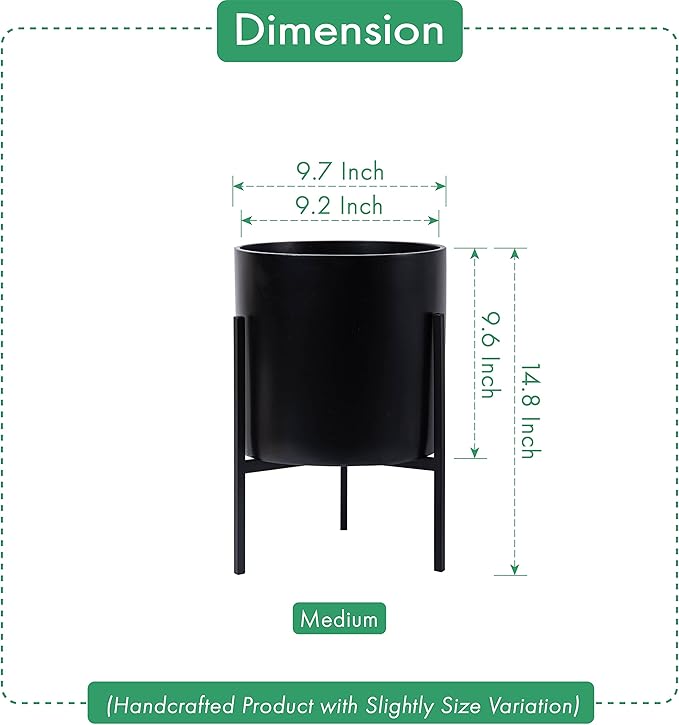 D'vine Dev Mid Century Fiberglass Resin Planter Pot with Iron Stand, 10 inch, Matte Black, 96-A-2-M