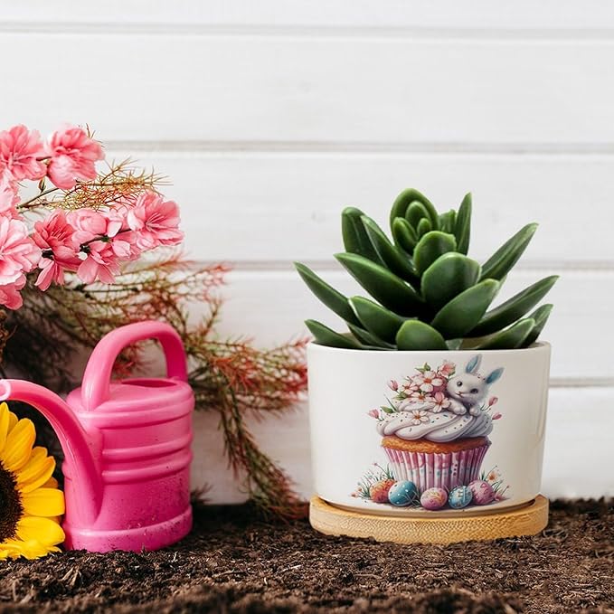 DreamAutumn Easter Cupcake Dessert Planter Ceramic Round Plant Pots with Drainage Holes and Bamboo Tray Planting Small Flower Pots for Home Windowsill Desk Garden Indoor Outdoor Use