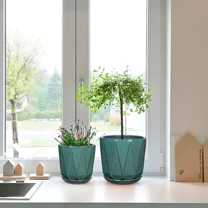 Oairse Ceramic Pots for Plants, 8+6 inch Plant Pots with Drainages Holes & Saucers Large Greyish Turquoise Ceramic Planters Decorative Flower Pot for Indoor Plants Outdoor Inoor