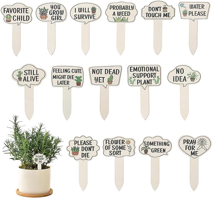 15Pcs Wooden Plant Signs, Funny Garden Plant Markers, Cute Patterns Interesting Words Labels with Stake for Indoor Outdoor Patio Decorative Plants Stakes Garden Tags