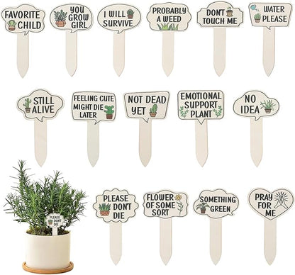 15Pcs Wooden Plant Signs, Funny Garden Plant Markers, Cute Patterns Interesting Words Labels with Stake for Indoor Outdoor Patio Decorative Plants Stakes Garden Tags