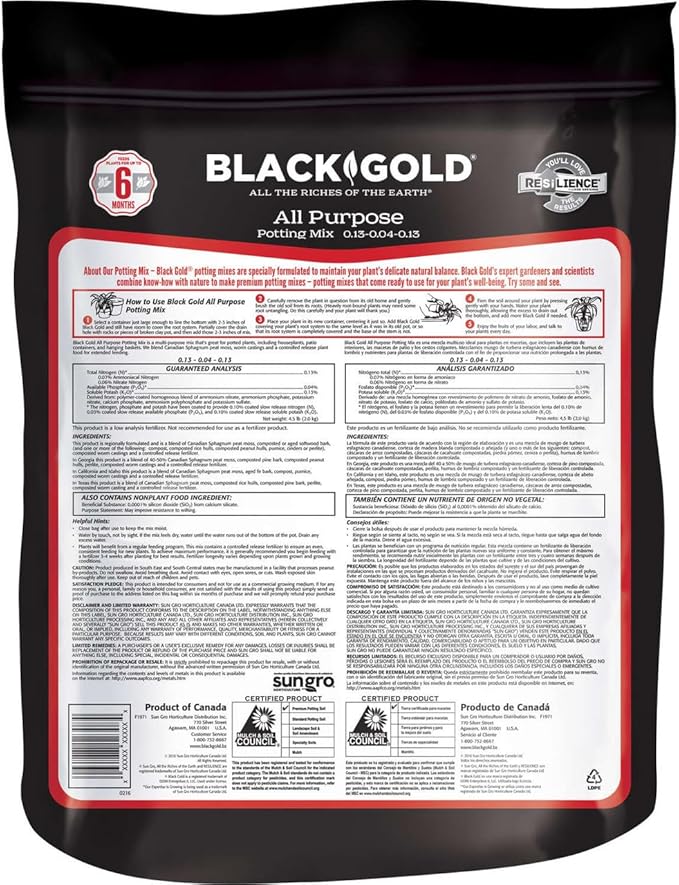 Sun Gro Horticulture 8-Quart Black Gold 1310102 Purpose Potting Soil With Control, Brown/A