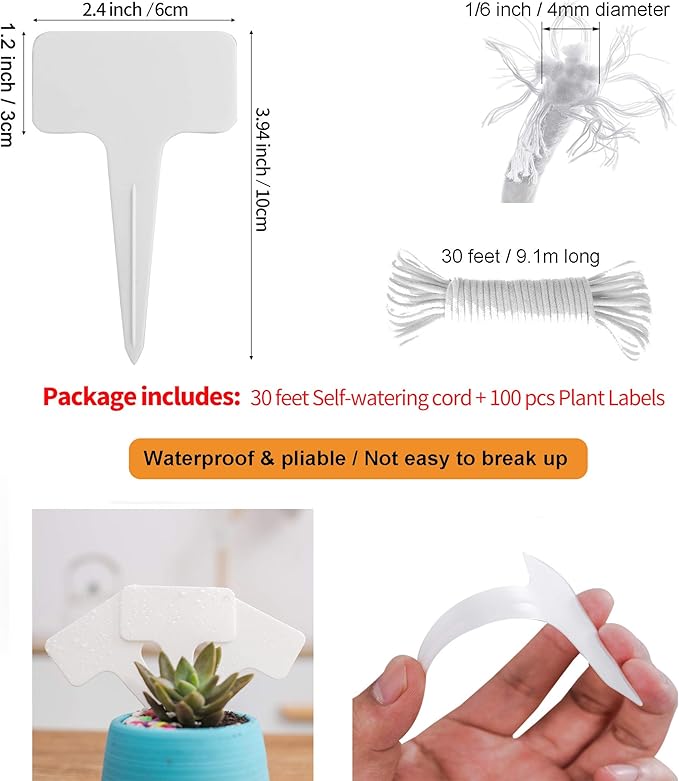 ORIMERC 100 Pcs 6 x 10cm Plant Labels with 30 Feet Self Watering Wick Cord for Vacation Self-Watering Planter Pot DIY Automatic Watering Device Potted Plant Sitter Auto Drip Waterer Garden Tag Marker