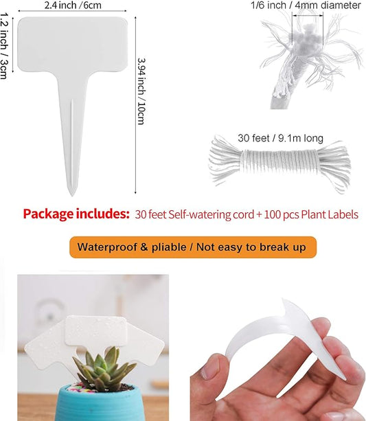 ORIMERC 100 Pcs 6 x 10cm Plant Labels with 30 Feet Self Watering Wick Cord for Vacation Self-Watering Planter Pot DIY Automatic Watering Device Potted Plant Sitter Auto Drip Waterer Garden Tag Marker