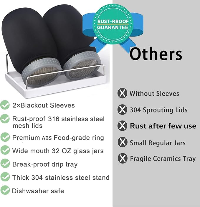 Complete Sprouting Jar Kit| 2 Wide Mouth Mason Jars, 316 Screen Sprout Lids, Blackout Sleeves, Tray, Stand| Sprouter Set for Growing Broccoli, Alfalfa and More-Seeds not Included