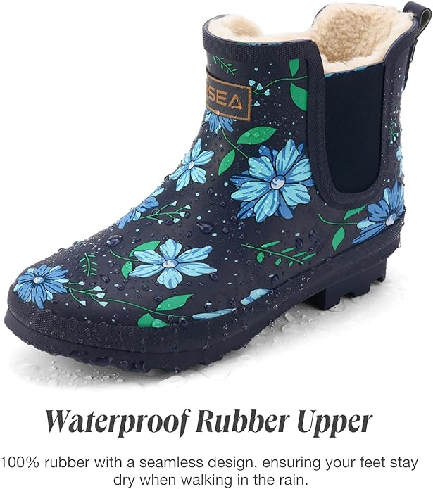 HISEA Women's Plush Rain Boots Waterproof, Chelsea Rubber Booties Women, Ladies Ankle Snow Boots for Winter Spring Garden Outdoor