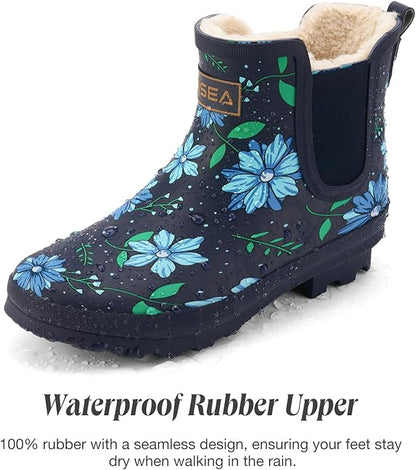 HISEA Women's Plush Rain Boots Waterproof, Chelsea Rubber Booties Women, Ladies Ankle Snow Boots for Winter Spring Garden Outdoor