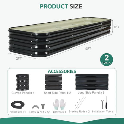 5 in 1 Galvanized Raised Garden Bed - 8x3x1ft (2Packs) Modular Planter Box Outdoor | Metal Raised Bed Kit with Bracing Rods for Gardening Vegetables Flowers Fruits Herbs (Dark Grey)