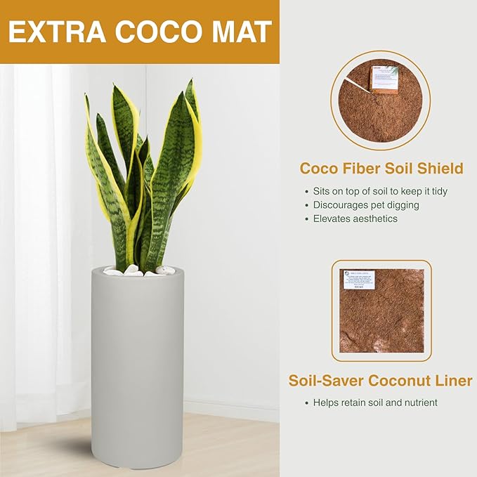 19.5" H x 9.8" D Tubo Fiberstone Cylinder Tall Planter with Drainage Hole, Smooth Finishes, Weather Resistant, Included 2 Extra Coco Mats (Light French Gray, 8.2" Pot Opening)