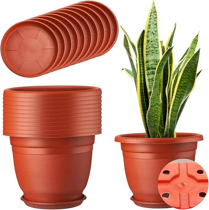 12 Pack 10'' Plastic Plant Pots Round Planter Pots with Saucer Tray Seedling Pots with Holes Seed Resin Plant Pot Starting Nursery Flower Container with Pallet for Garden Outdoor Indoor