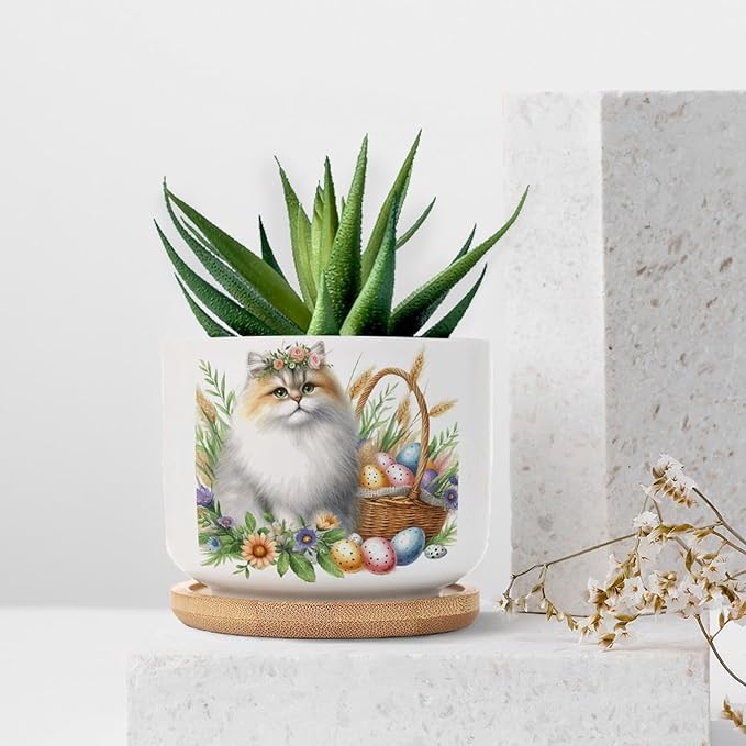 DreamAutumn Watercolor Easter Cat Ceramic Flower Pots,Gardening Plant Pot with Drainage Holes and Saucers Round Ceramic Pots for Indoor Plants Succulent Herbs Cactus Pots for Dad Papa Grandpa