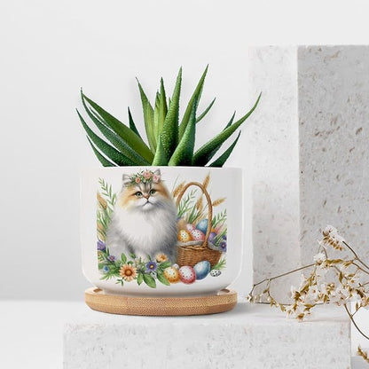 DreamAutumn Watercolor Easter Cat Ceramic Flower Pots,Gardening Plant Pot with Drainage Holes and Saucers Round Ceramic Pots for Indoor Plants Succulent Herbs Cactus Pots for Dad Papa Grandpa