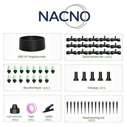 65FT Garden Drip Irrigation Kit - DIY Misting Cooling System with 1/4" Tubing & Adjustable Atomizing Nozzles for Greenhouse, Patio, Raised Beds, Potted Plants