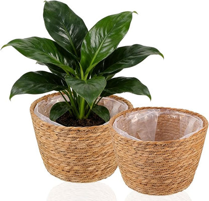 2PCS Seagrass Plant Basket for Indoor and Outdoor,Wicker Planter Basket with Liner for 6 inch Pot,Indoor Plant Pot Covers for Potted Plants, Rattan Storage Baskets for Rustic Boho Farmhouse Decor