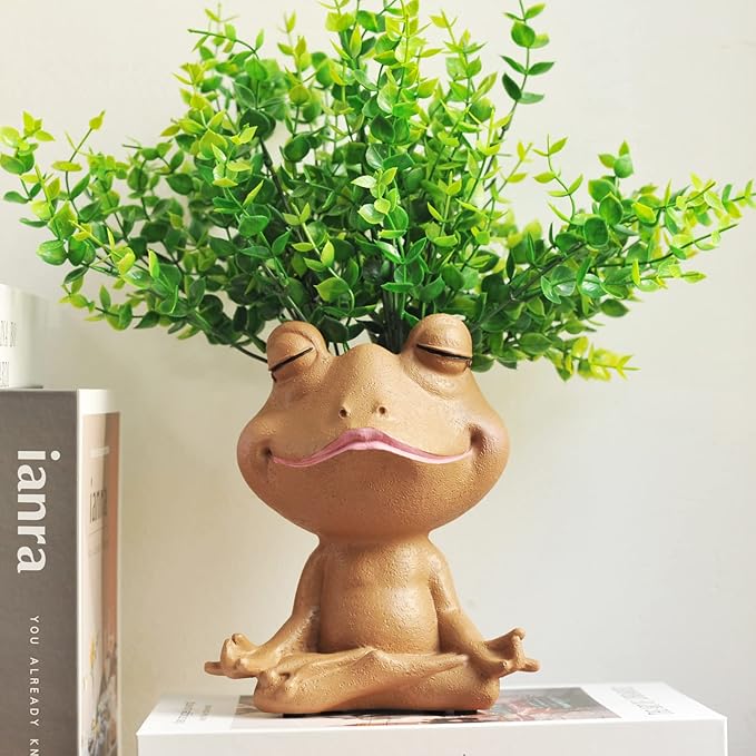 Face Planters Pots Head Yoga Frog Resin Plant Pot with Drainage Hole(Brown-A)