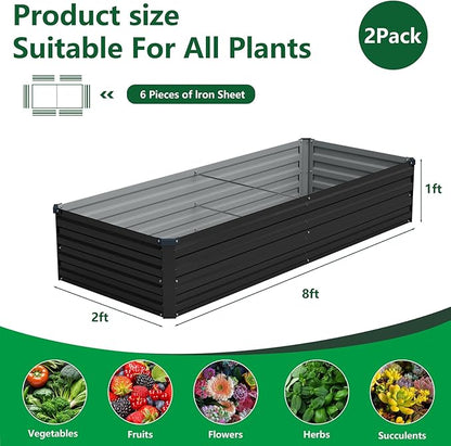 Vengarus 8x2x1FT (2 Pack) Galvanized Raised Garden Bed Kit, Outdoor Metal Planter Box for Vegetables, Rectangular Steel Container, Easy Assembly (Black)