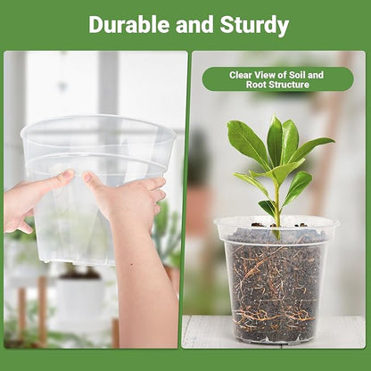 GREANER 10 Inch Nursery Pots, Clear Reinforced Plant Nursery Pots, High Transparency Flower Plant Container with 20 Plant Labels for Flowers, Seeds, Succulents, Vegetables(10PCS)