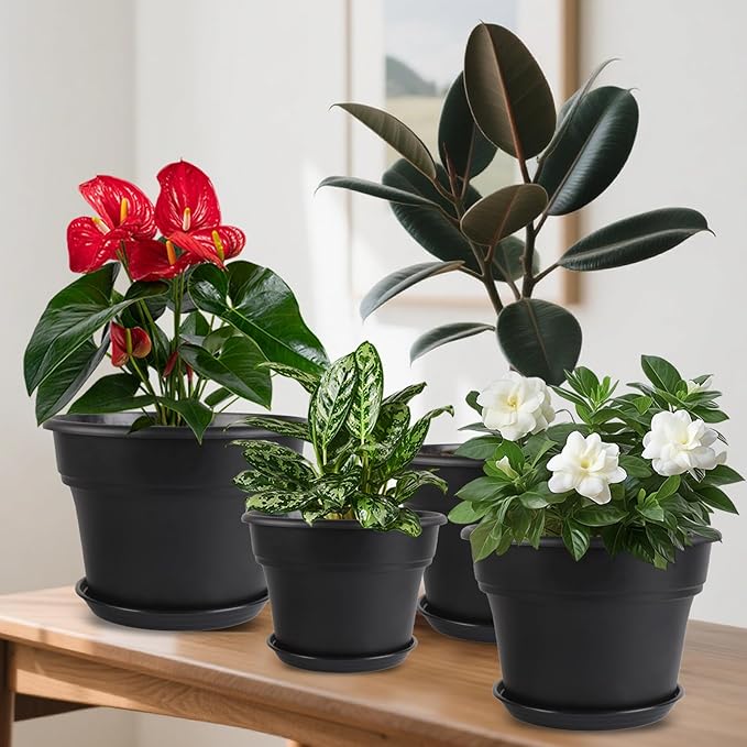 16-inch-Plant-Pots, 4 Pack Large Planters for Outdoor Plants, Plastic Flower Pots Indoor with Drainage Holes & Trays, Classic Garden Pot Container for House