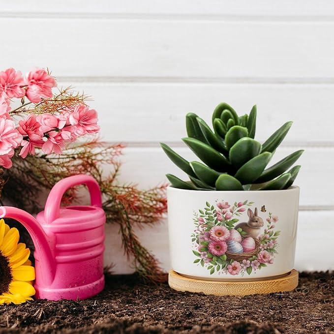 Vintage Easter Bunny with Pink Flower Ceramic Planters Ceramic Pots With Saucers Orchid Pots for Plants Succulents Pots Office Desk Garden Balconys New Home Decor,Gifts for Mom Mother Grandmother