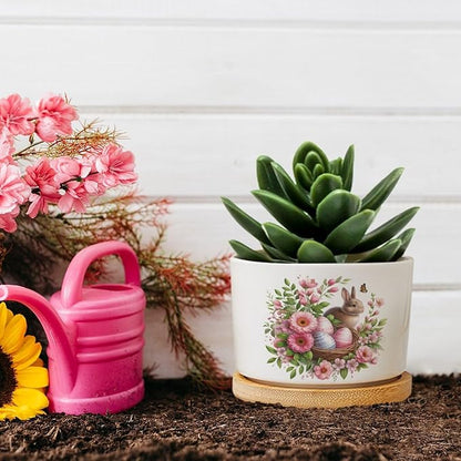 Vintage Easter Bunny with Pink Flower Ceramic Planters Ceramic Pots With Saucers Orchid Pots for Plants Succulents Pots Office Desk Garden Balconys New Home Decor,Gifts for Mom Mother Grandmother