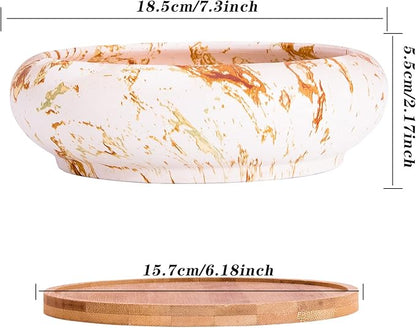 ARTKETTY Succulent Pots - 7.3 Inch Large Bonsai Pots with Drainage Tray, Ceramic Pots for Indoor Plants, Shallow Succulent Planters Marble Cactus Flower Plant Container Bowl