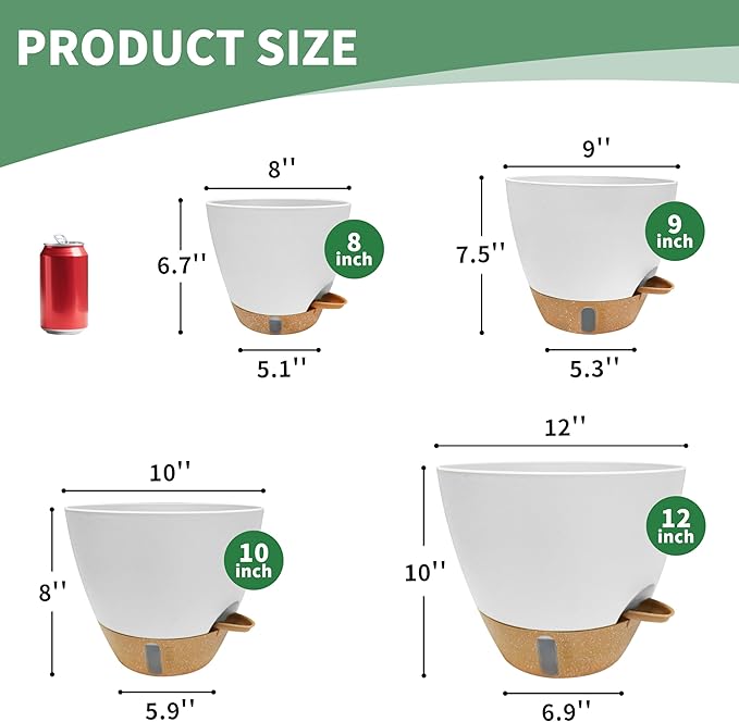 MNKXL 12"/10"/9"/8" Self Watering Pots with Visual Water Window,Extra Large Self Watering Plant Pots with Drainage Holes & Saucers,White Planters for Indoor Plants,4-Pack