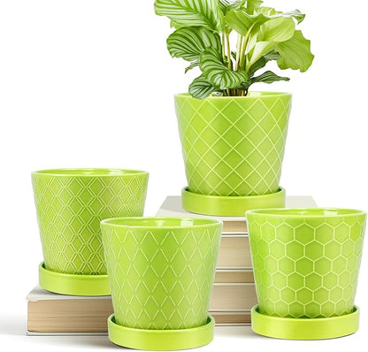 BUYMAX Plant Pots Indoor –5 inch Ceramic Flower Pot with Drainage Hole and Ceramic Tray - Gardening Home Desktop Office Windowsill Decoration Gift, Set of 4-Plants NOT Included (Green)