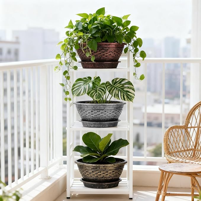 NIKONIKO 12 Inch Plant Pots, 6-Pack Plastic Woven Look Ripples Planters with Drain Holes & Trays, Retro Design Flower Pots for Indoor and Outdoor Plants