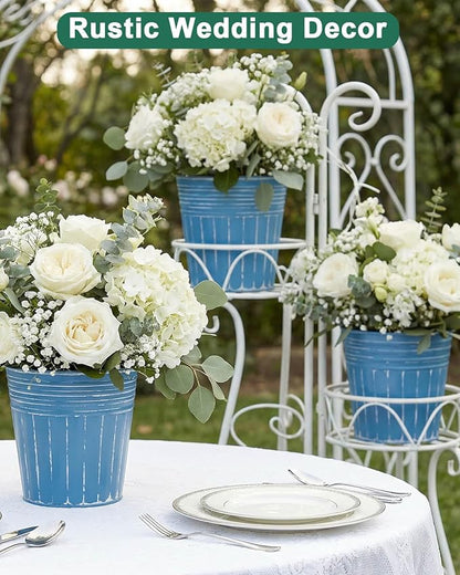 6 Inch Steel Blue Metal Rustic Flower Pots - 6Pcs Galvanized Planters with Drainage Hole and Rubber Plug, Rustproof Metal Bucket Plant Pots Farmhouse Vintage Style for Decor