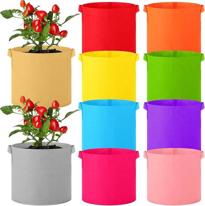 Colored Fabric Grow Bags Bulk Colorful Plant Grow Bags Nonwoven Fabric Pots with Handles Seeds Vegetables Tomato Planter Grow Buckets for Outdoor Garden Fruits Flower, 10 Colors(10 Pack,5 Gal)