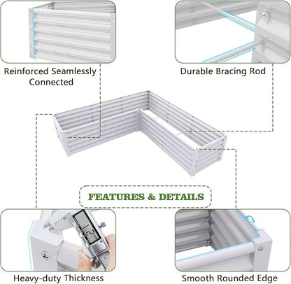 A ANLEOLIFE 8-Piece 18 Inch Tall Antique White Raised Garden Beds Kit, L-Shaped & Rectangular Metal Planters – Ideal for Backyard Vegetables Flowers Herbs