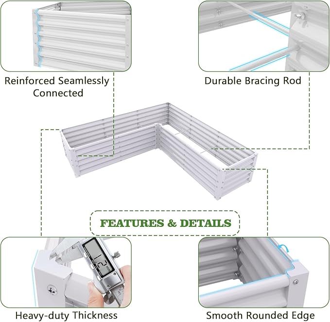 A ANLEOLIFE 4 Set L-Shaped Galvanized Raised Garden Beds Outdoor,74x74x18in Large Metal Planter Box for Planting Vegetables Flowers Herb, Anti-Rust & Easy-Setup, Antique White