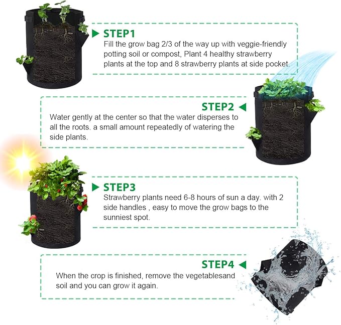 GOTGELIF Strawberry Grow Bags, 2 Pack 10 Gallon Strawberry Planter with 8 Side Grow Pockets, Breathable Non-Woven Fabric Reinforce Handle Plant Grow Bag for Garden Strawberries, Herbs, Flowers