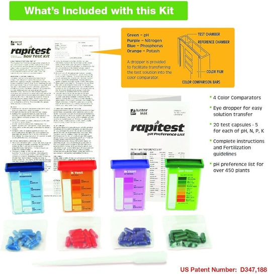 Rapitest Soil Test Kit for Gardens,Vegetables,Flowers and Lawns. USA designed and assembled soiltester completely,quickly & accurately measures/analyzes-soil pH acidity & garden nutrients(Pack of 6)