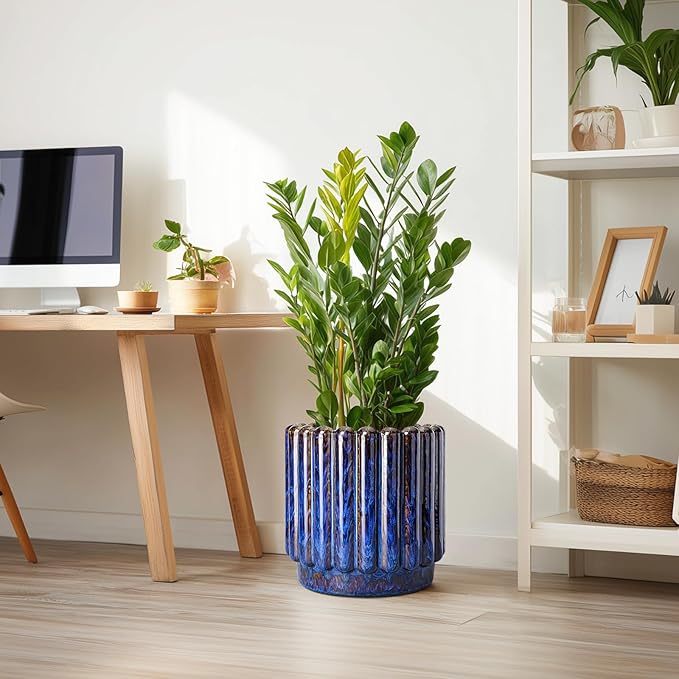 12 Inch Pots for Plants - Ceramic Planter Indoor Outdoor, Large Ceramic Flower Pots with Drainage Hole, Fluted Modern Round Planter, Living Room Home Decor, Gifts for Plant Lovers, Blue