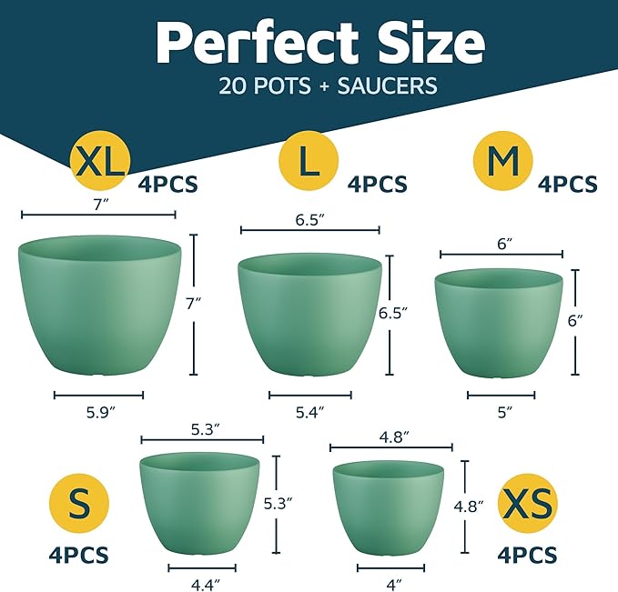 Planter Pots with Drainage Holes - Lightweight, Durable, & Space-Saving Pots for Indoor and Outdoor - Versatile Functionality, Simple Modern Design, Set of 20 Plastic Planter Pots Mint