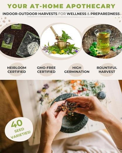 Tactiko Survival 40 Medicinal & Tea Herb Seeds Variety Pack, Indoor & Outdoor Herbal Garden Kit, USA Grown Heirloom Non-GMO, Herbal Seeds for Teas, Resealable Mylar Bag for Long-Term Storage