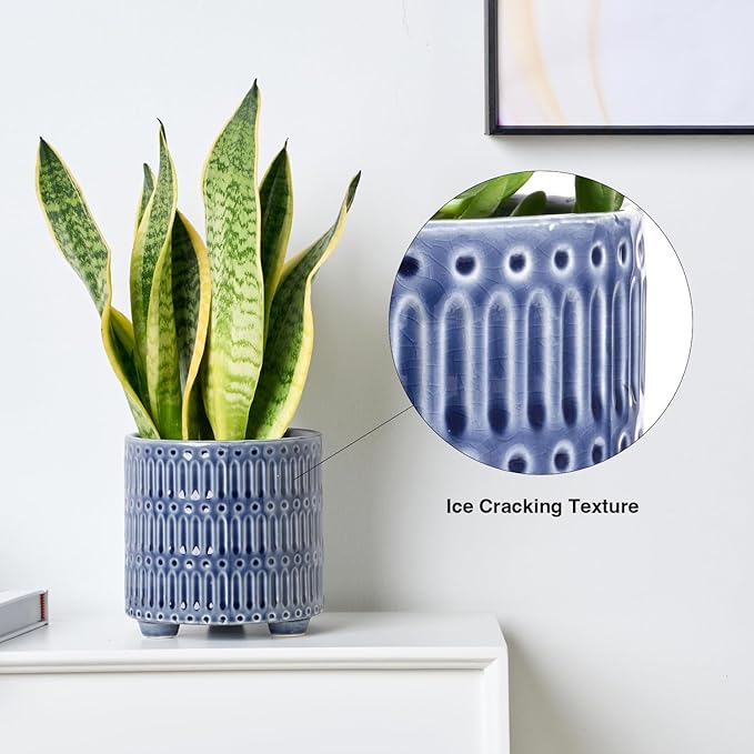 5 Inch Ceramic Planters for Indoor Plants, Blue Cactus Snake Plant Pots with Drainage, Unique Design Round Flower Pot for Home Decoration