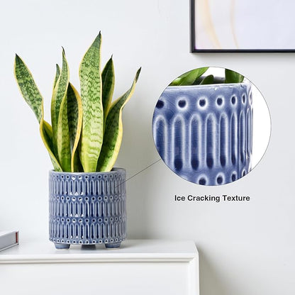 5 Inch Ceramic Planters for Indoor Plants, Blue Cactus Snake Plant Pots with Drainage, Unique Design Round Flower Pot for Home Decoration