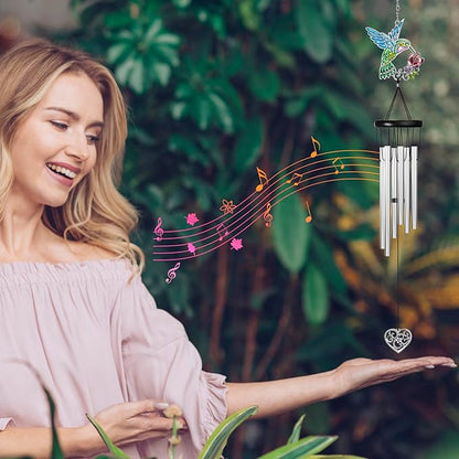 Outdoors Hummingbird Wind Chimes Sympathy Memorial for Loss of Loved One - Soothing Melodic Tones Aluminum Chime Great as a Gift for Your Patio Porch Garden and Backyard (Hummingbird,Heart)