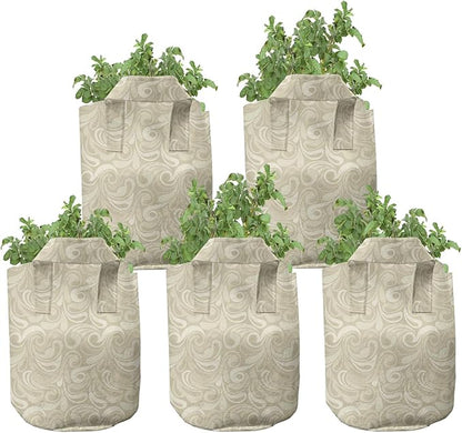 Lunarable Ivory and Beige Grow Bags 5-Pack, Ornamental Paisley, Heavyduty Fabric Pots with Handles for Plants, Beige and Ivory