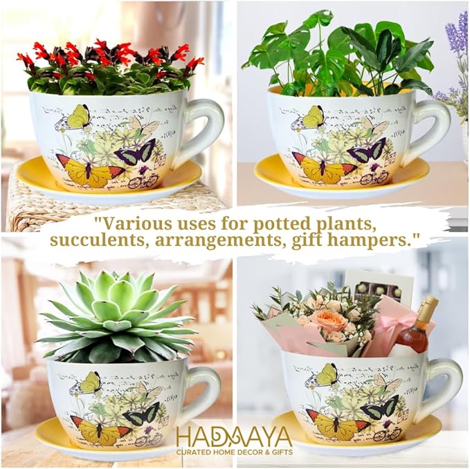 7.5" Round Ceramic Teacup Shape Planter Pot with Saucer for Succulents Orchids Herbs Cactus Indoor Houseplants Flowers Yellow Butterfly Teacup Planter