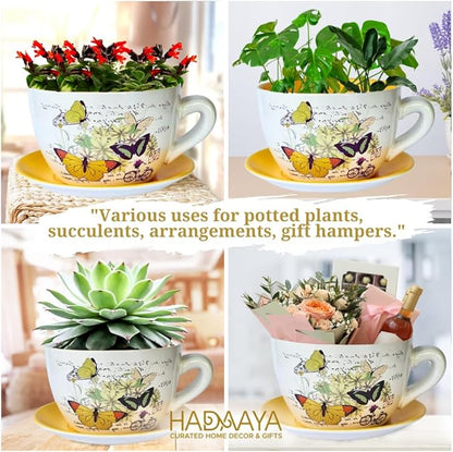 7.5" Round Ceramic Teacup Shape Planter Pot with Saucer for Succulents Orchids Herbs Cactus Indoor Houseplants Flowers Yellow Butterfly Teacup Planter