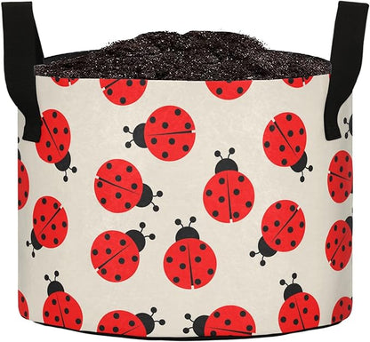 7 Gallon Cartoon Ladybug Beige Floral Breathable Potato Grow Bags Heavy Duty Planter Pot Containers with Handles for Tomato Fruits Flowers Vegetables