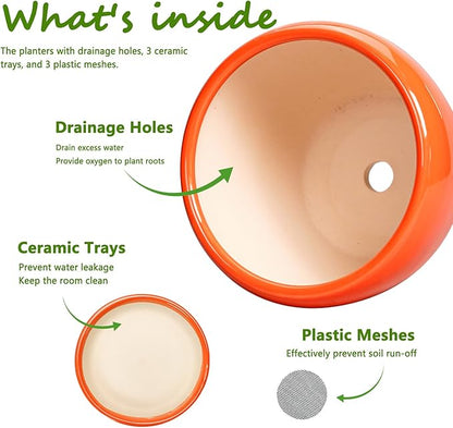 Ceramic Planter - 10 Inch 8 Inch 6 Inch Plant Pot with Drainage Holes and Saucers, Round Planters for Indoor Outdoor, Modern Flower Pots, House Garden Room Decor, Gardening Gifts, Orange